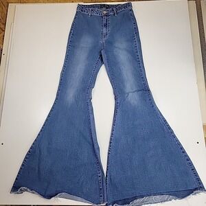 Shein SUPER FLAIR Blue Stretch Denim Large Bell Jeans Sz 26 Preppy Trendy Comfy